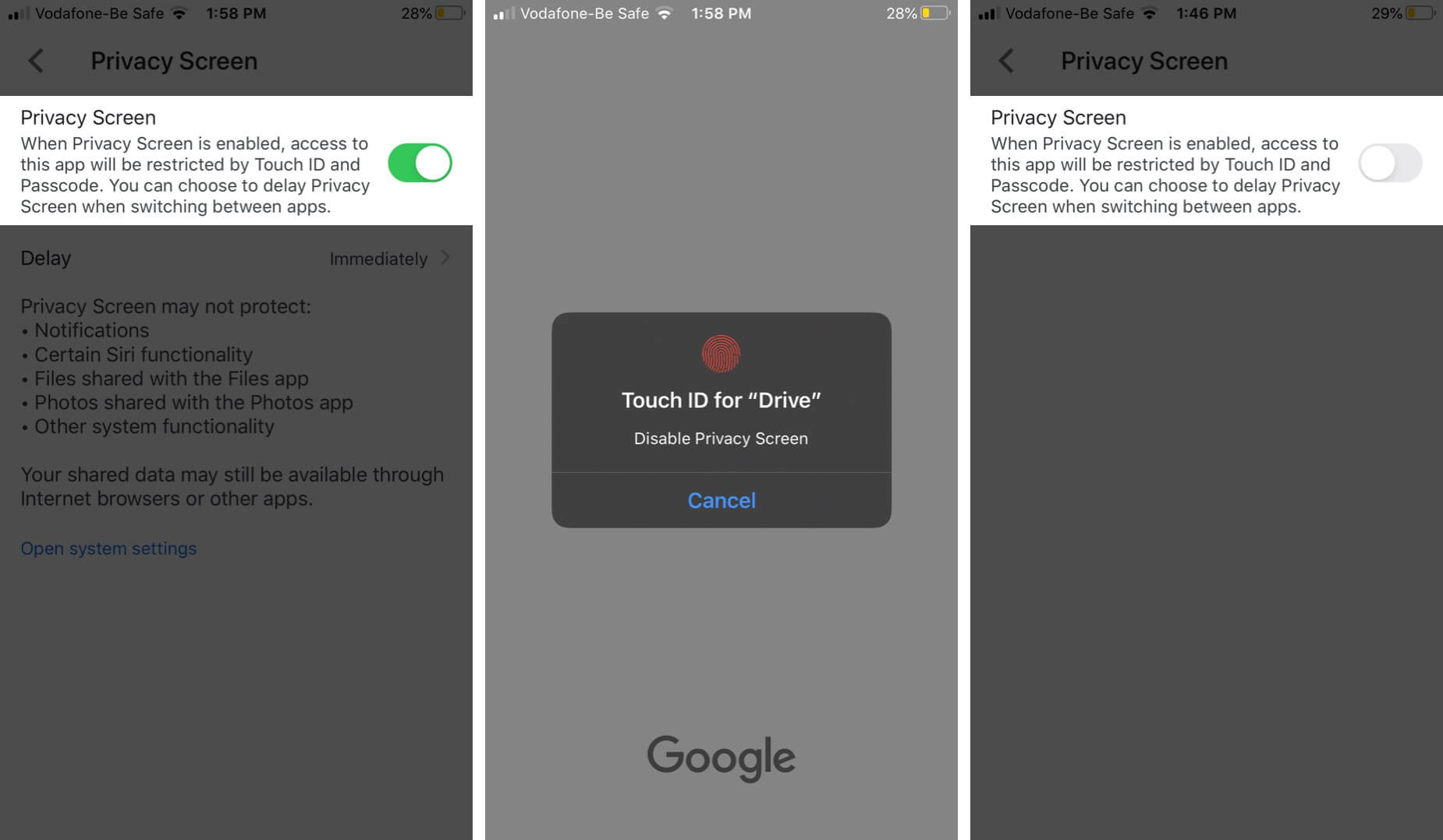 Disable Google Drive Privacy Feature on iPhone