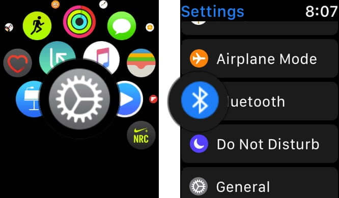 Open Settings and Tap on Bluetooth on Apple Watch