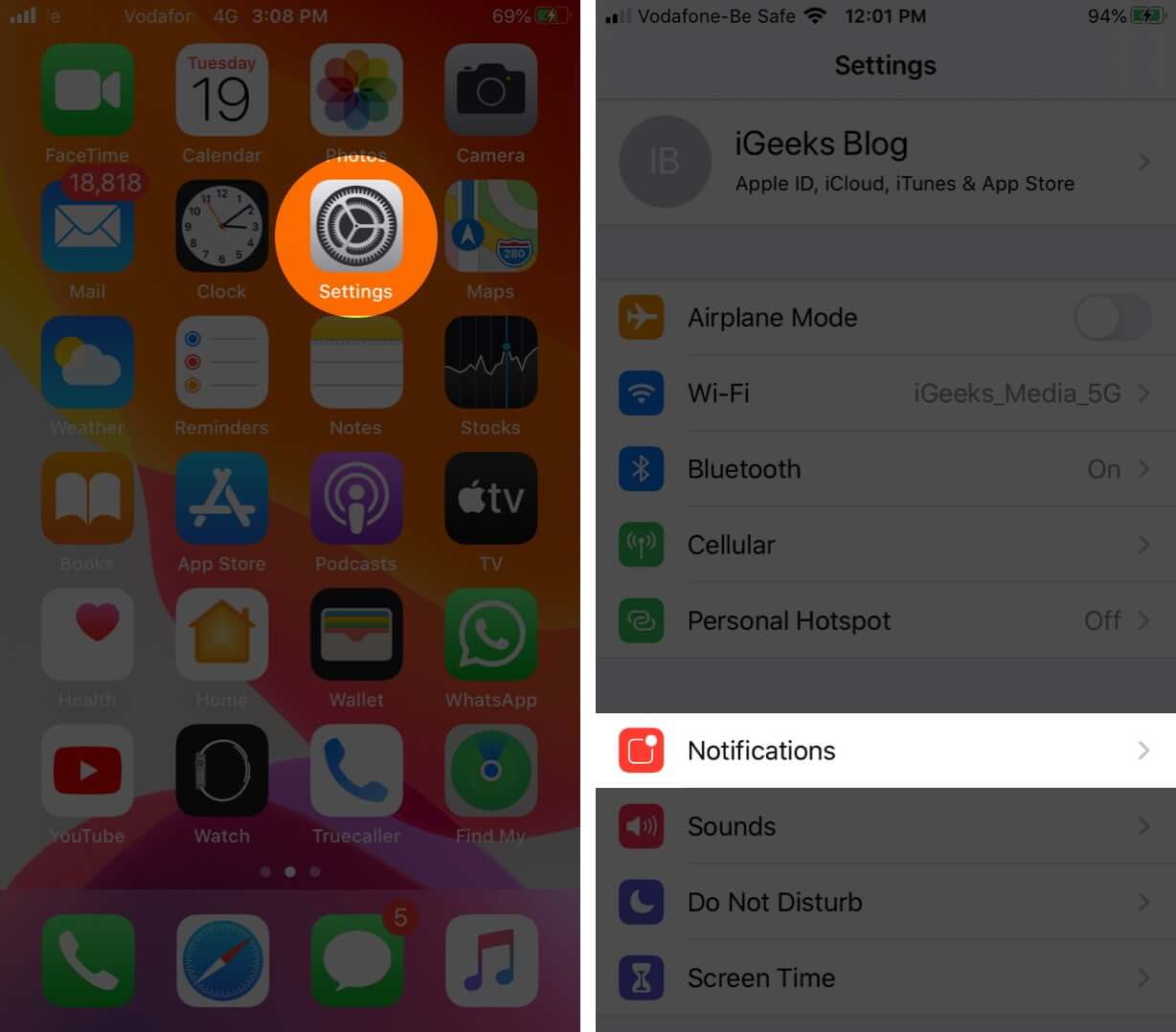 Open Settings and Tap on Notifications on iPhone