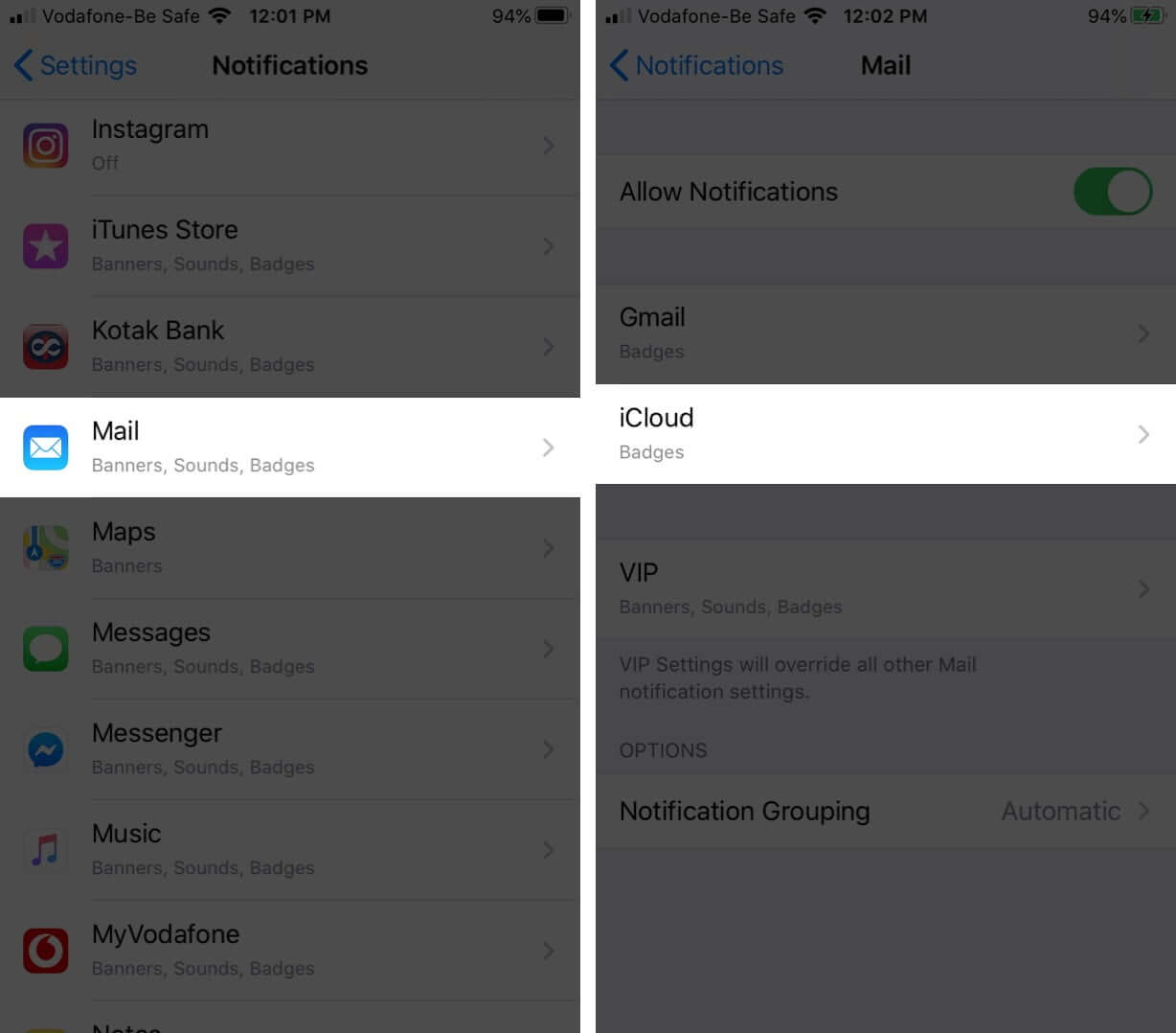 Tap on Mail and Select iCloud in Notifications on iPhone