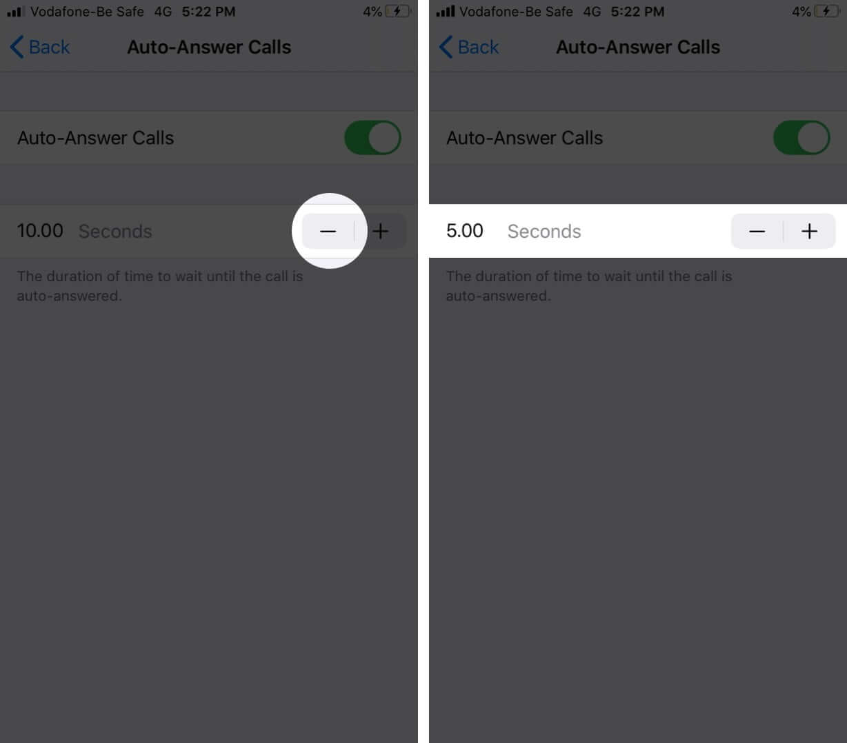 Tap on Minus to Decrease Time Duration for Auto-Answer Calls on iPhone