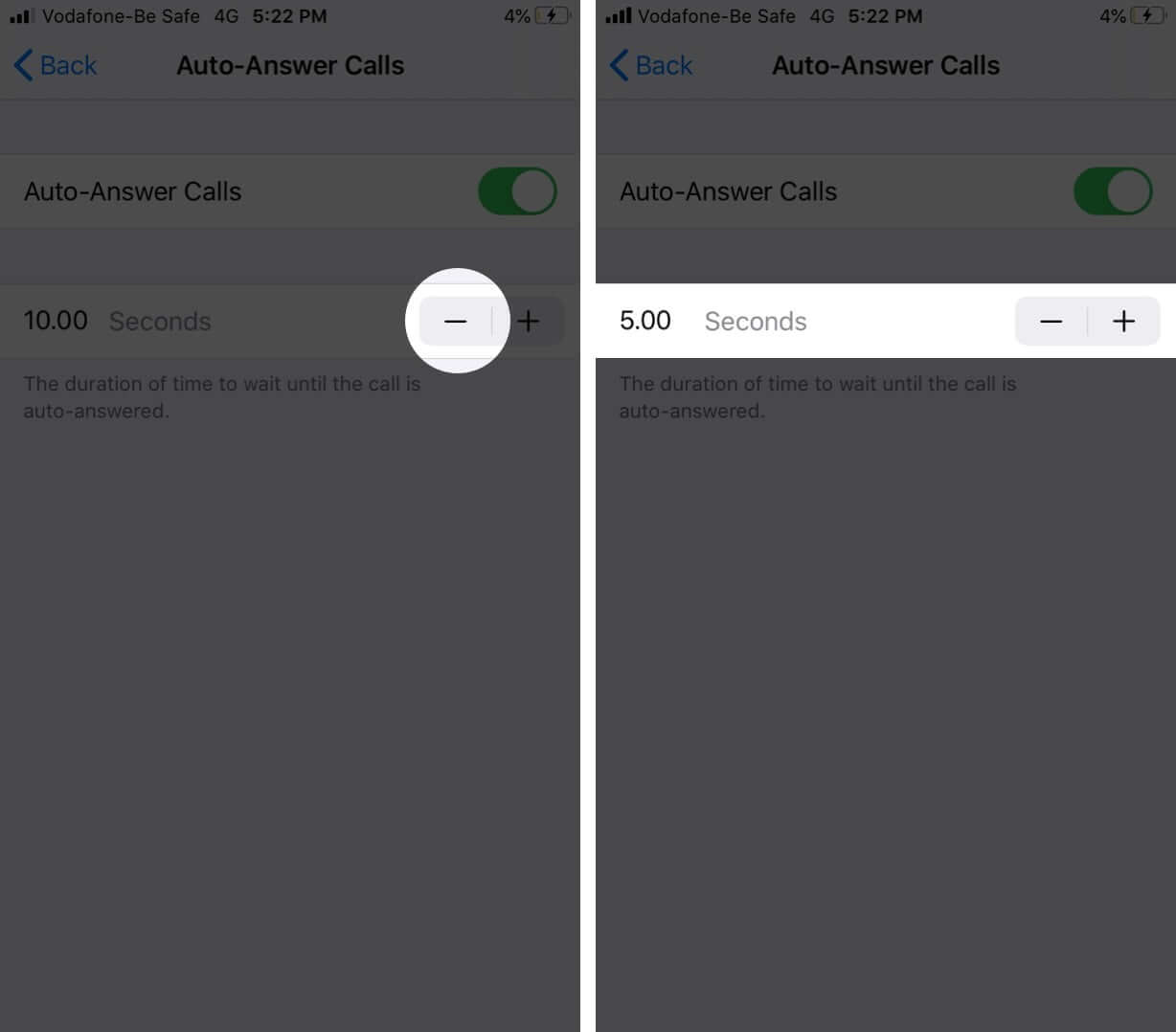 Tap on Minus to Decrease Time Duration for Auto Answer Calls on iPhone