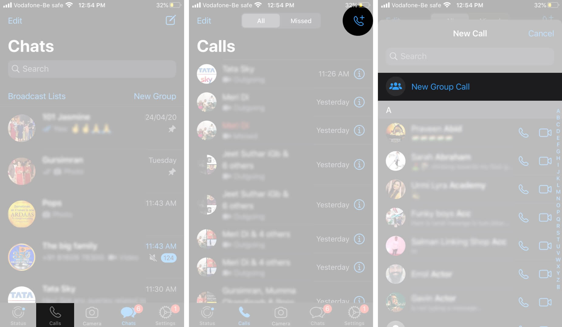 Tap on New Group Call in Calls Tab in WhatsApp on iPhone
