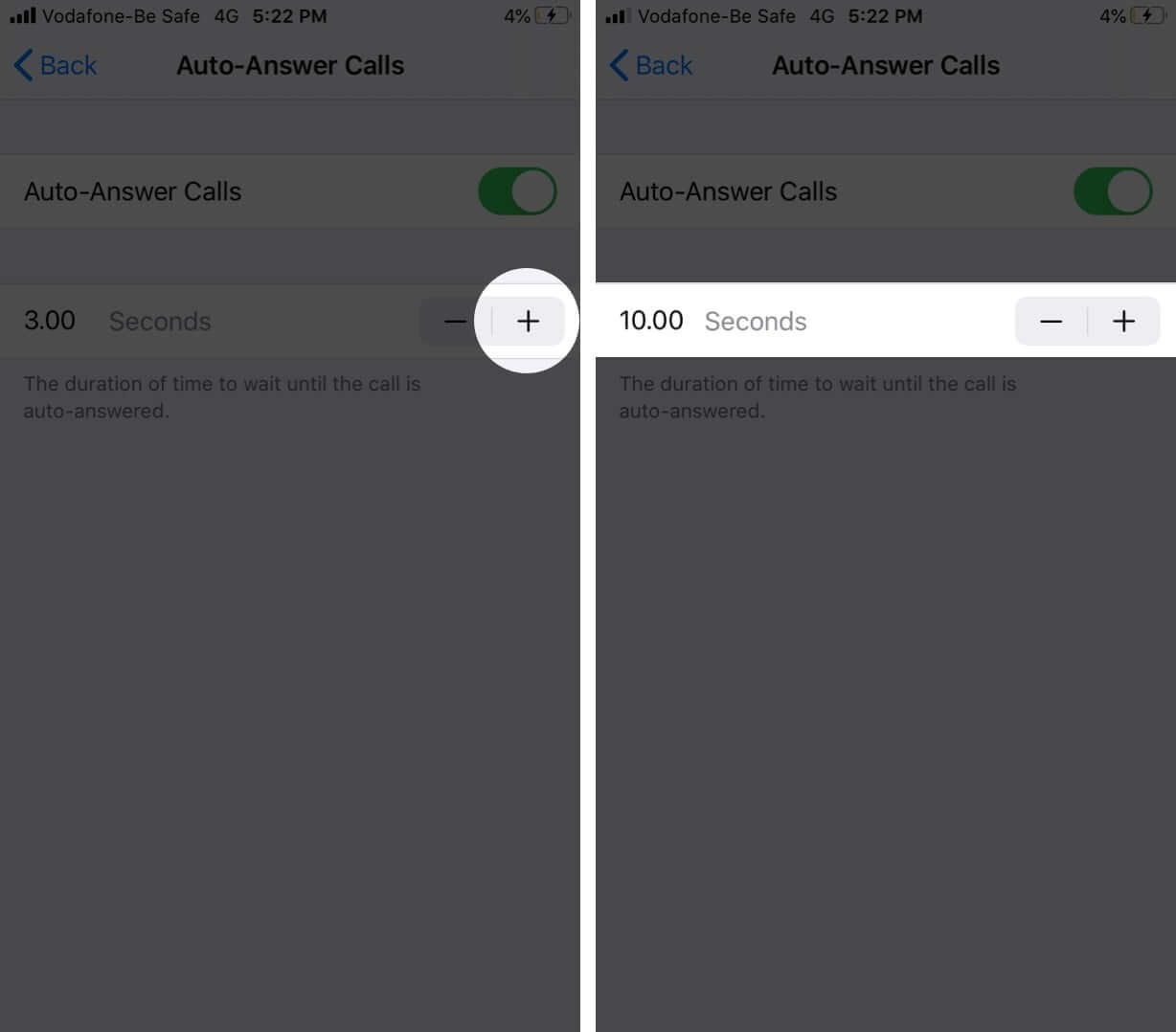 Tap on Plus to Increase Time Duration for Auto-Answer Calls on iPhone