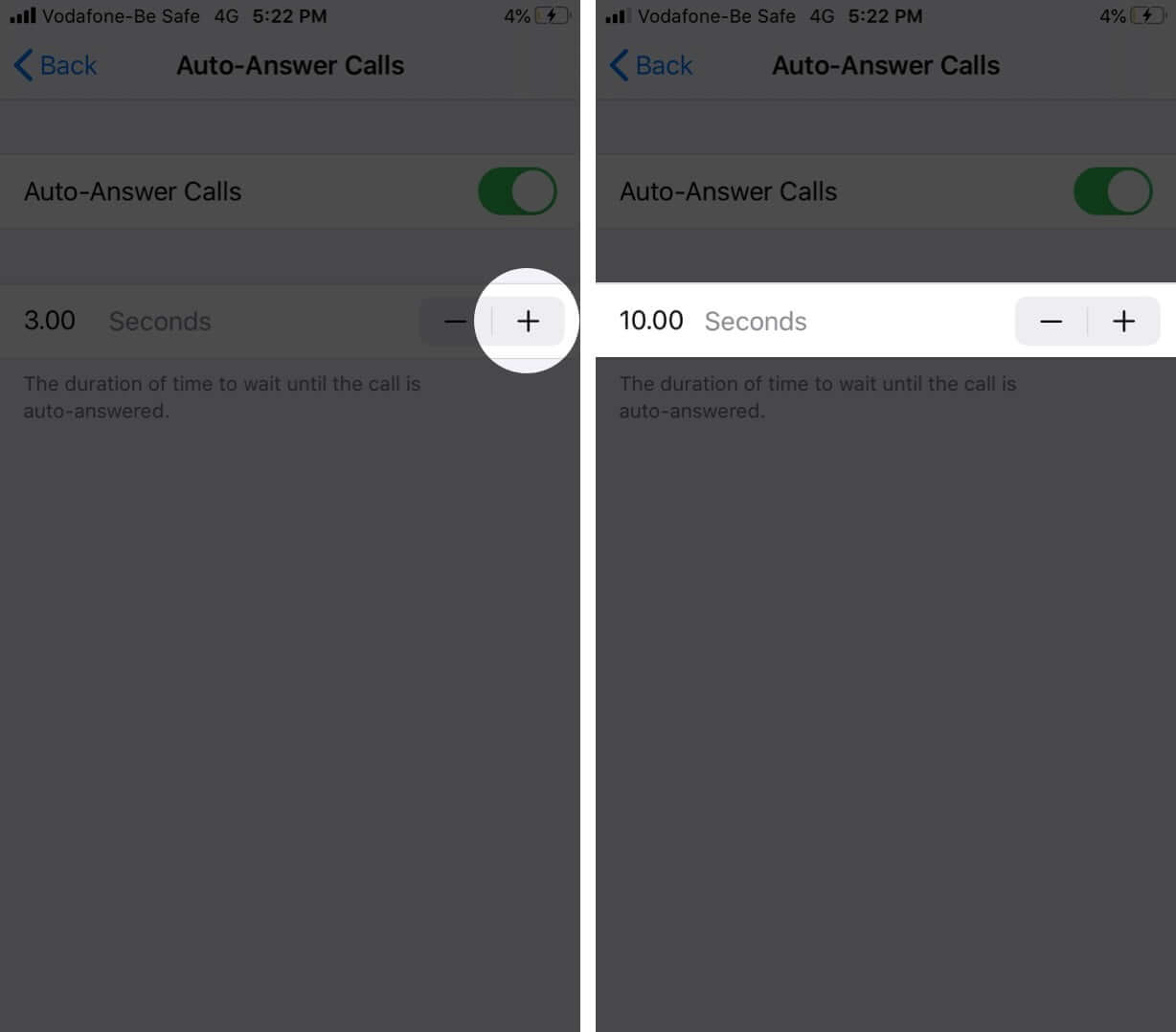 Tap on Plus to Increase Time Duration for Auto Answer Calls on iPhone