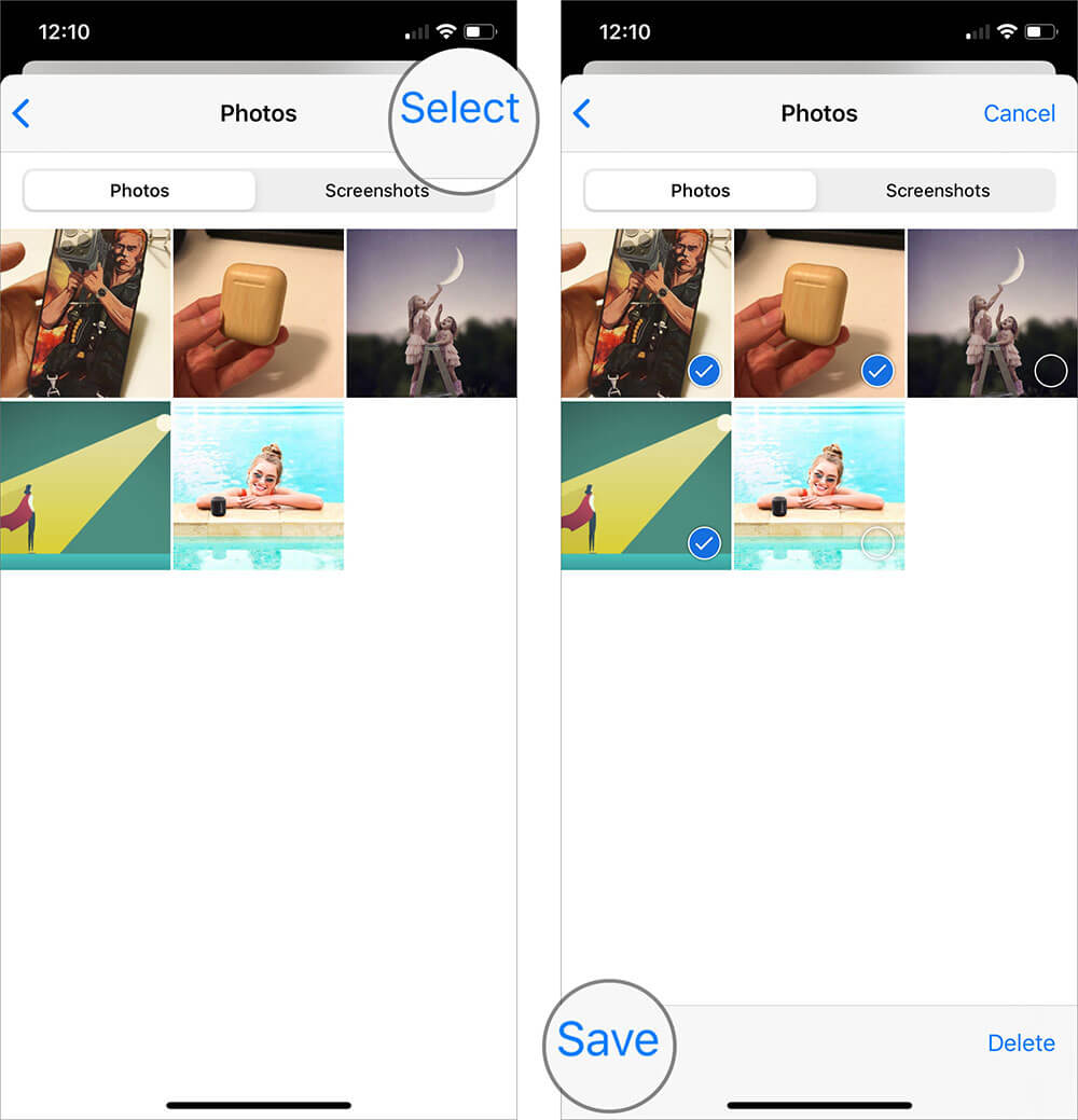 Tap on Select then select multiple images by touching them to Save in iphone