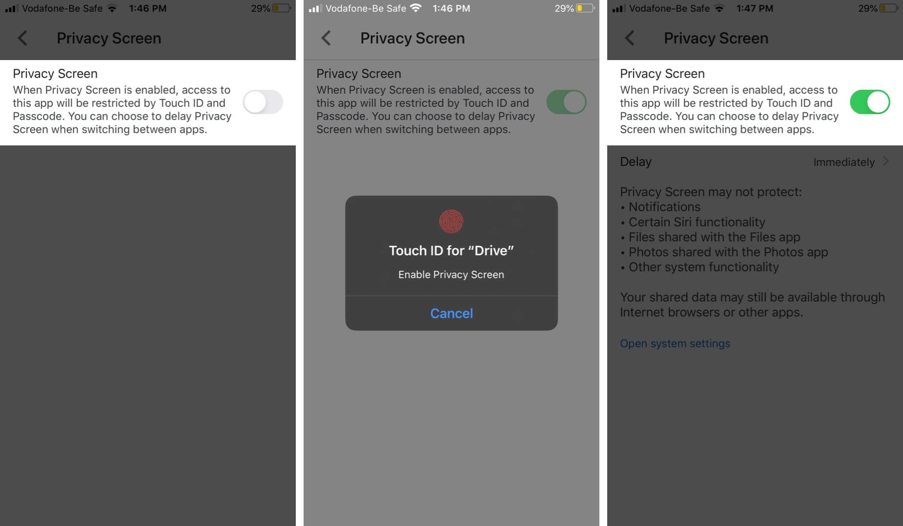 Turn On Privacy Screen Feature in Google Drive on iPhone