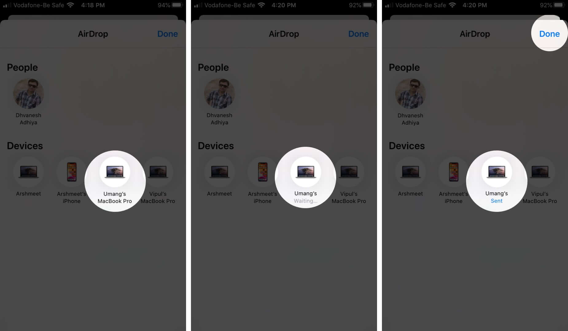 Select Device and Tap on Done to Share Files Using AirDrop on iPhone