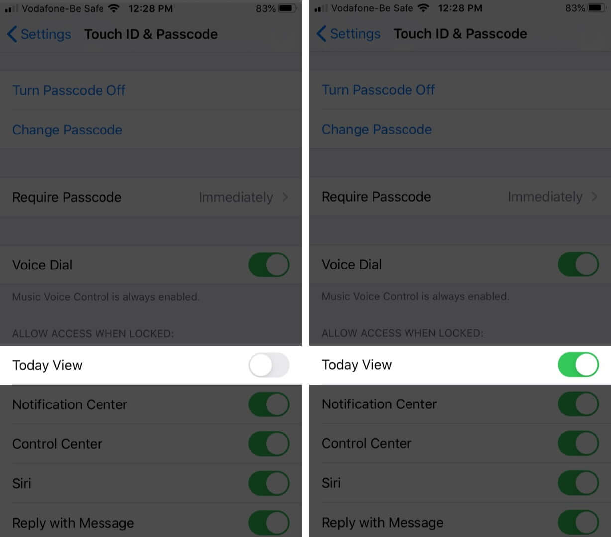 enable today view in touch id and passcode on iphone
