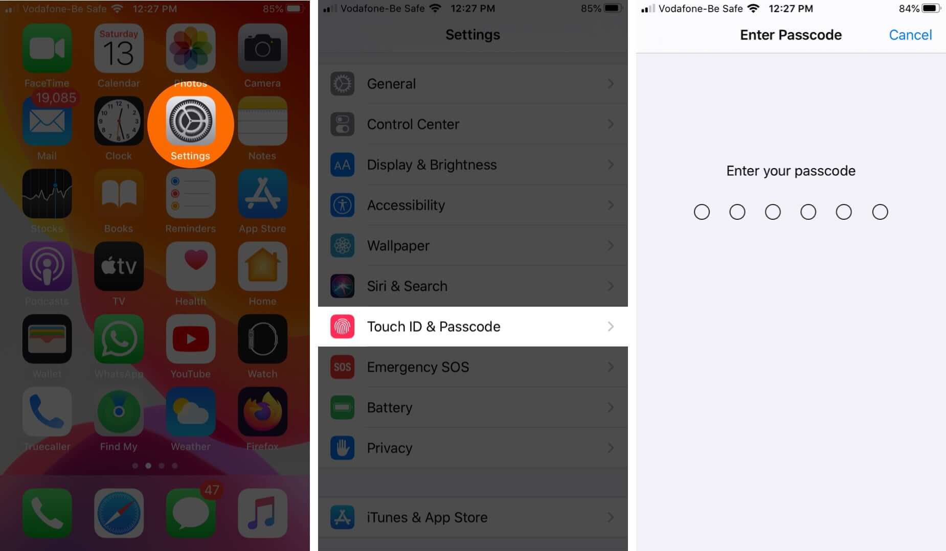 open settings app tap on touch id and passcode and enter passcode on iphone