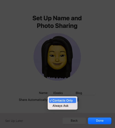 select option and click on done to set up name and photo sharing with memoji on mac