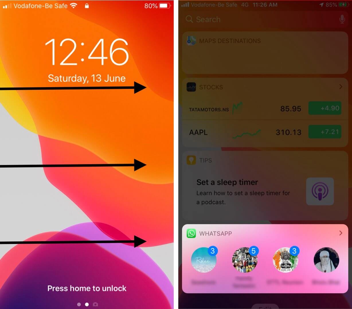 swipe left to right on iphone lock screen to view whatsapp widget