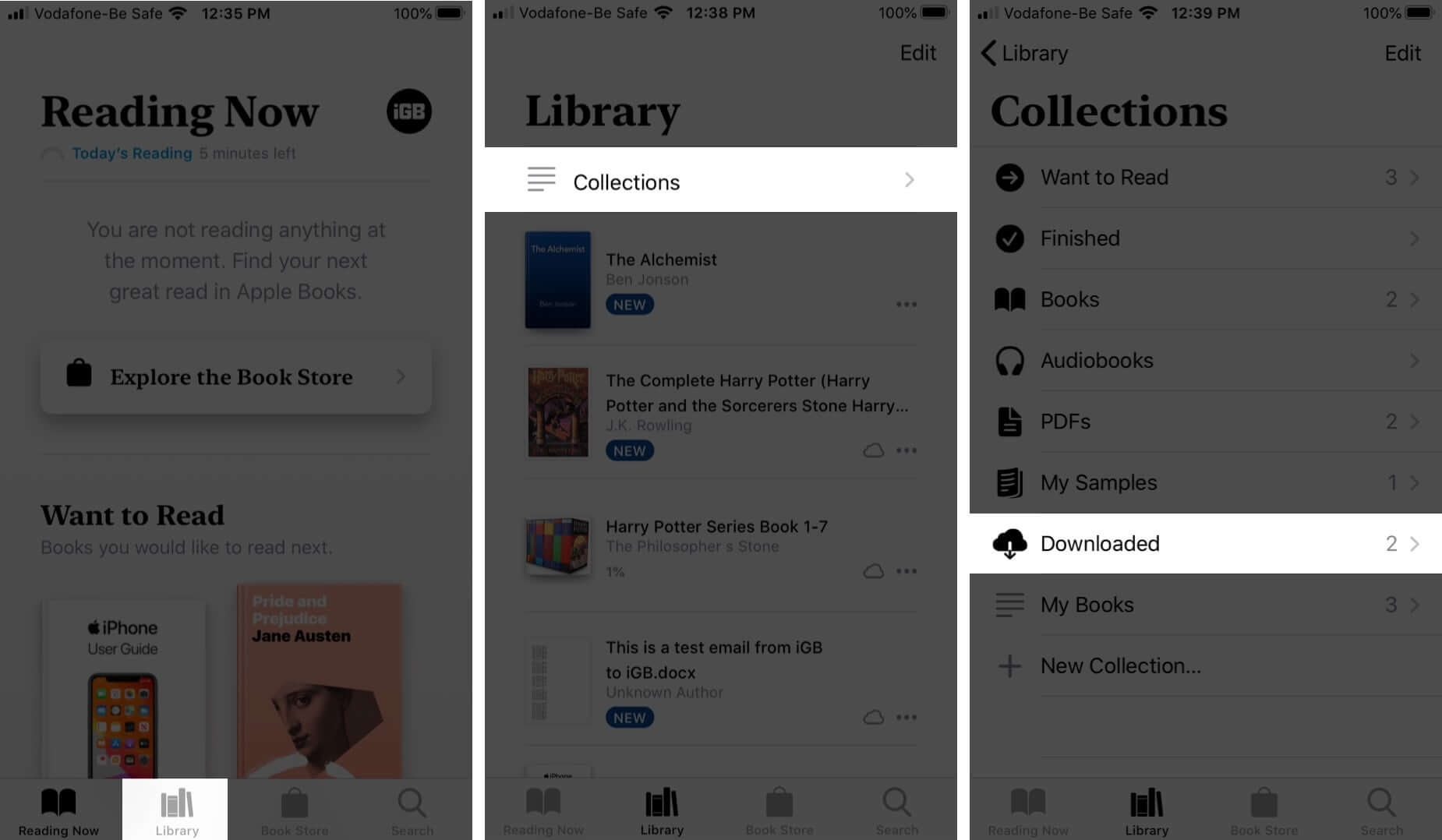 tap on library collections and downloaded in books app on iphone