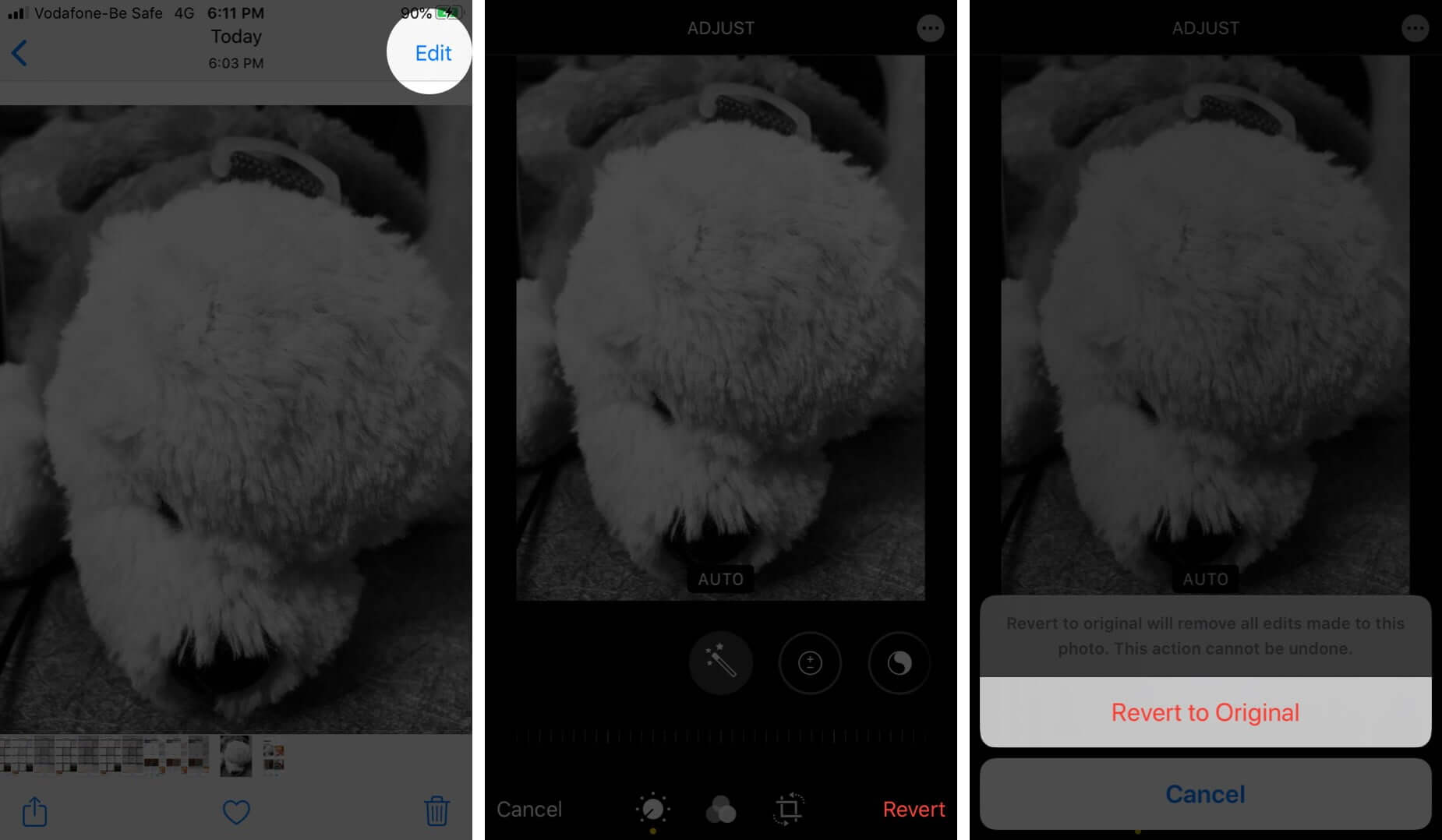 tap on revert to remove filters and effects from photos on iphone