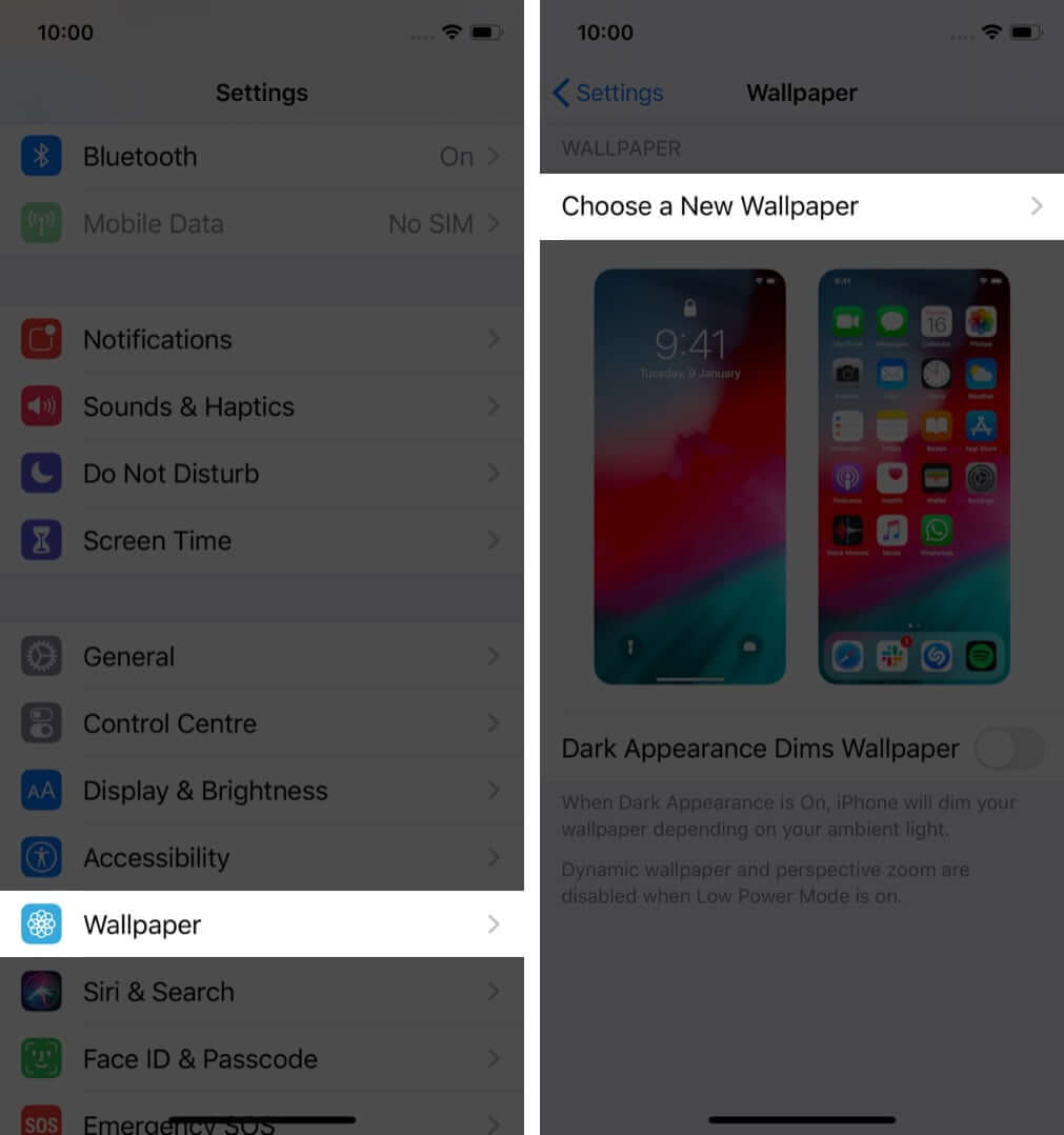 tap on wallpaper and then tap on choose a new wallpaper in iphone settings