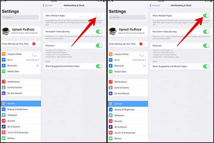 Enable Multitasking on iPad in iOS 11