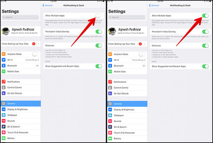 Enable Multitasking on iPad in iOS 11