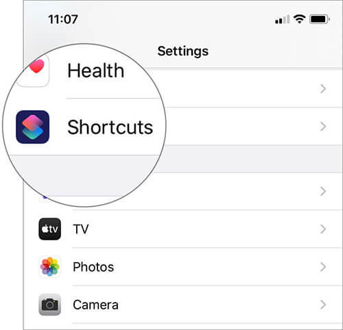 Select the Shortcuts in iOS 13 Settings