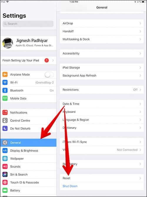 Tap on General Then Reset on iPad in iOS 11