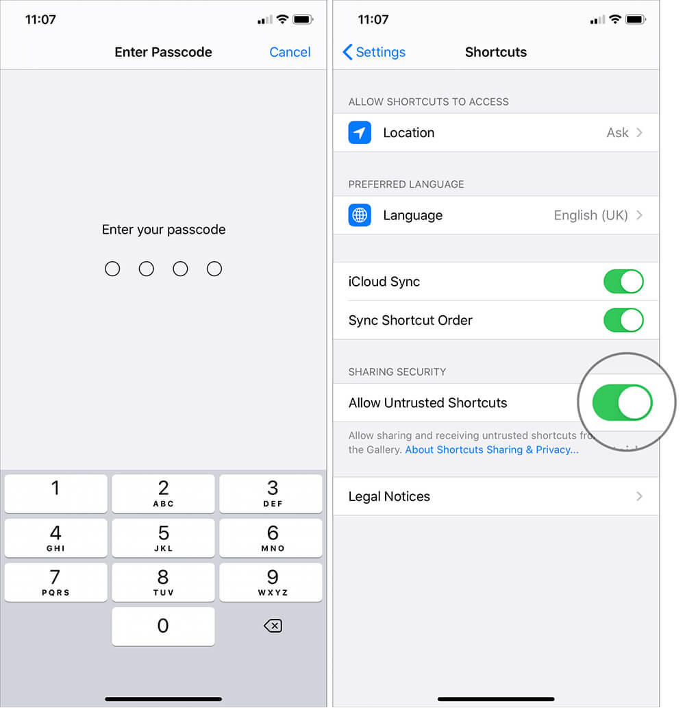 Turn ON Allow Untrusted Shortcuts to Install Untrusted Shortcuts on iPhone and iPad