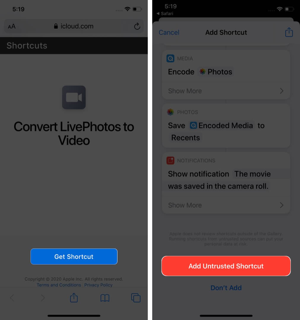 add convert livephotos to video shortcut on iphone