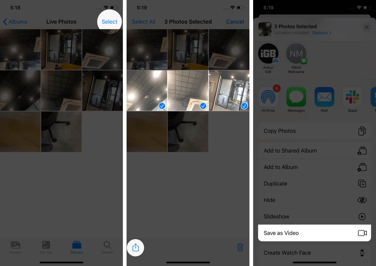 convert multiple live photos into video on iphone