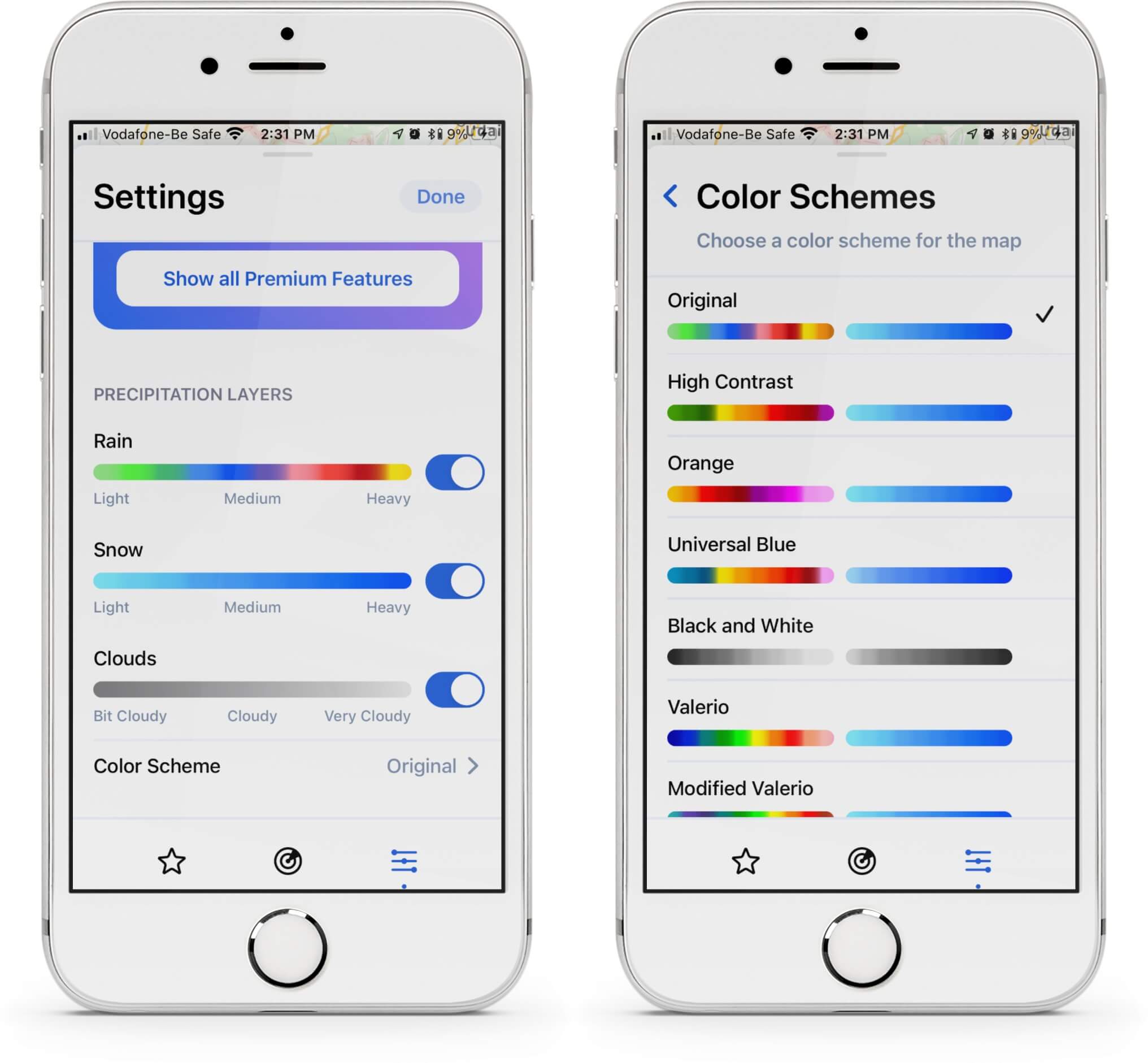 customize color schemes of precipitation chart in rainviewer app