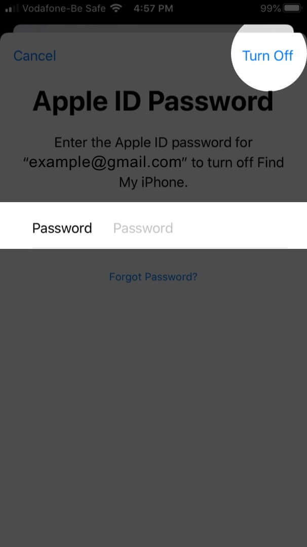 enter apple id password and tap on turn off