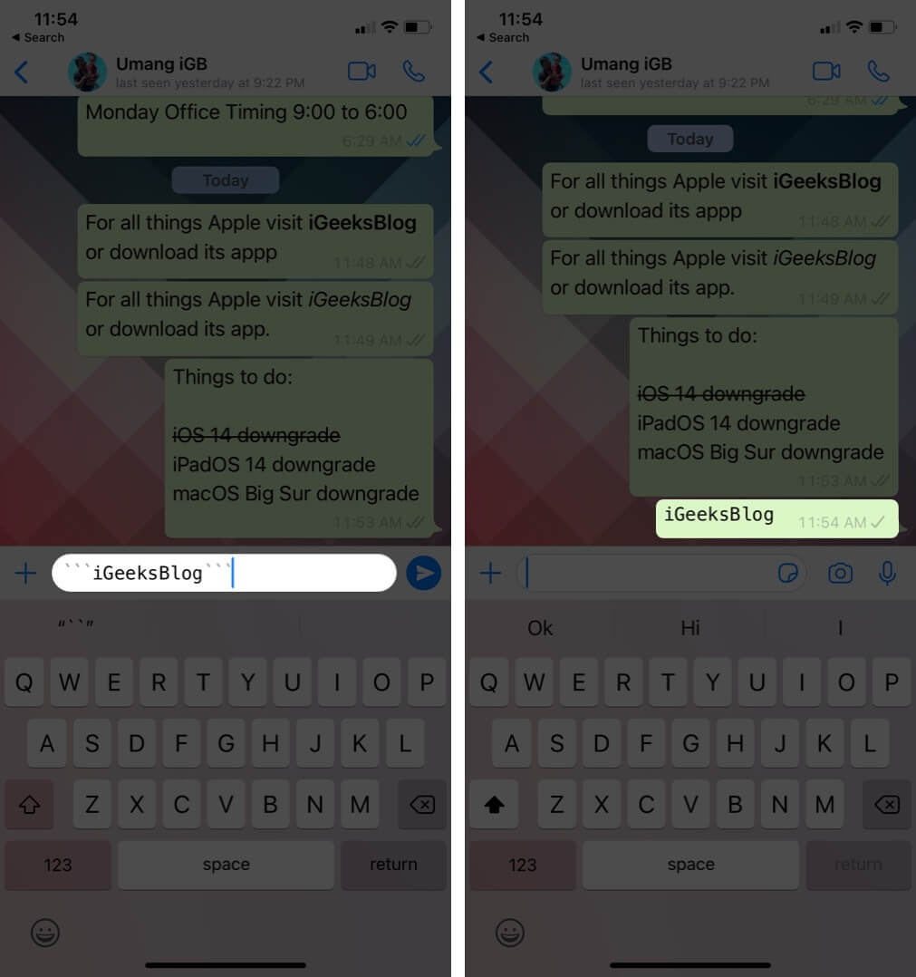 format text with monospace in whatsapp on iphone