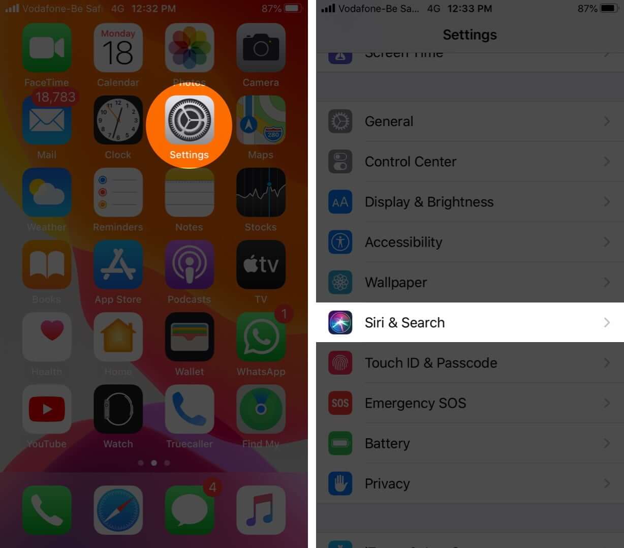 open settings and tap siri and search on iphone