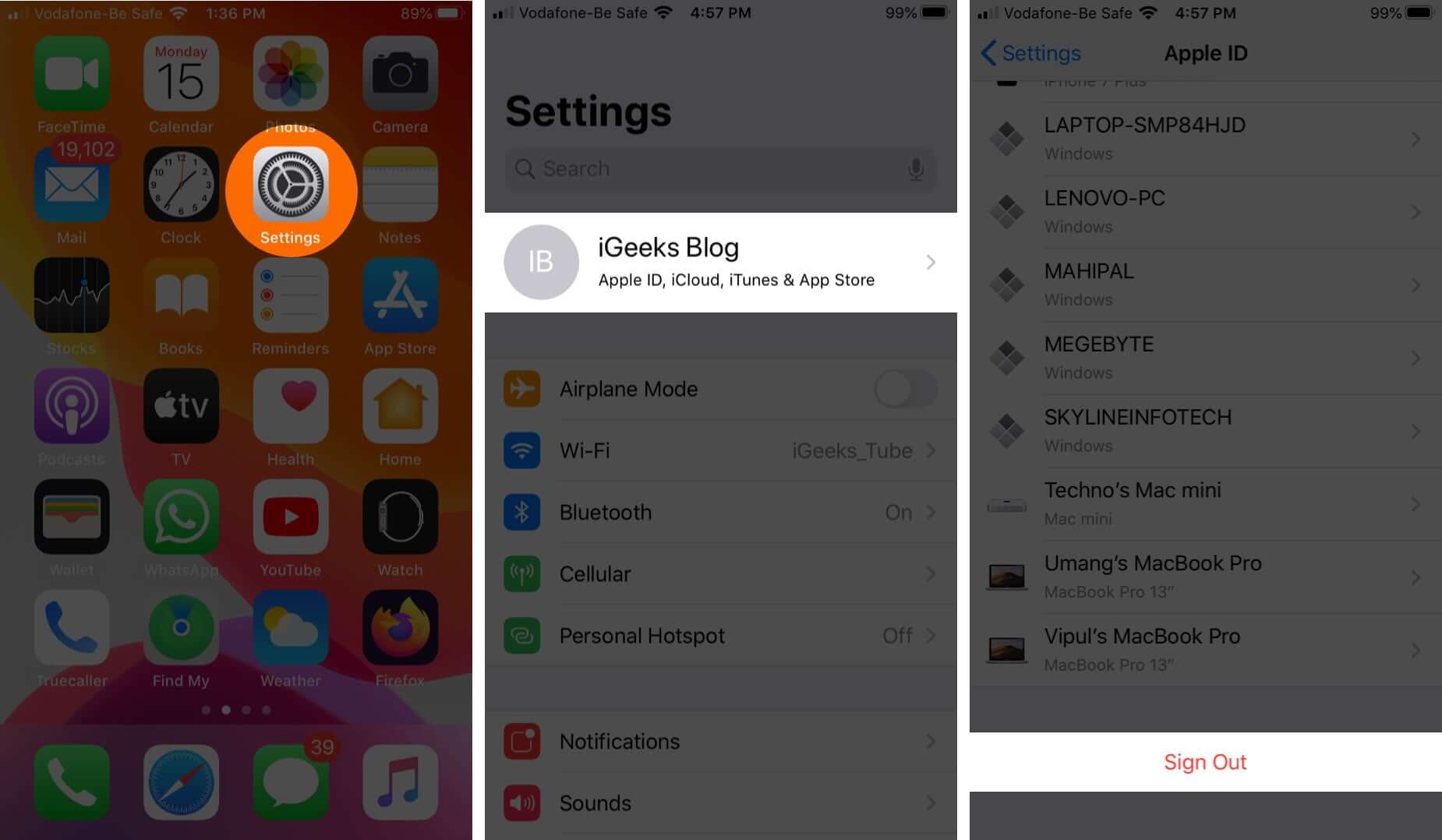 open settings tap on apple id and tap on sign out