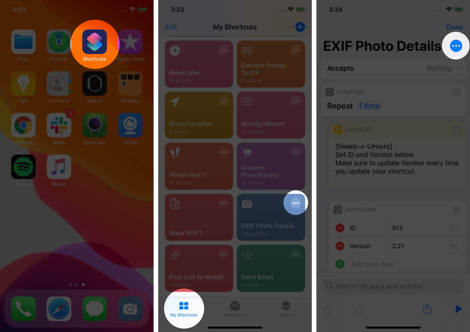 open shortcuts app tap on three dots for individual shortcut and then tap more on iphone