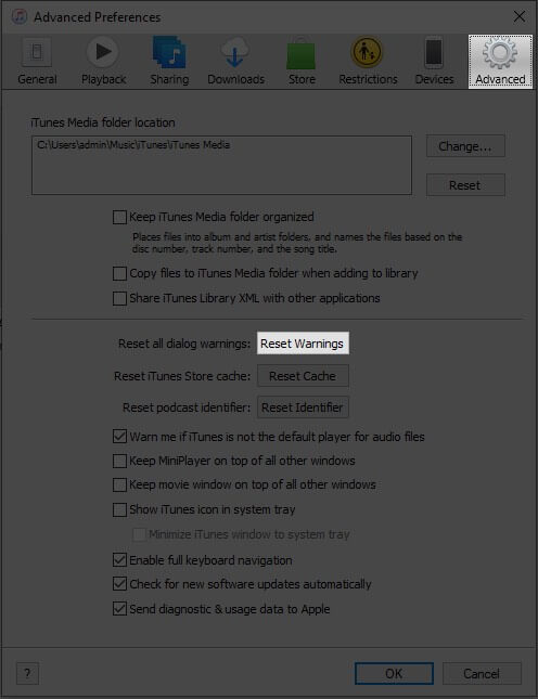 select advance tab and click on reset warning button to reset all dialog warnings in itunes