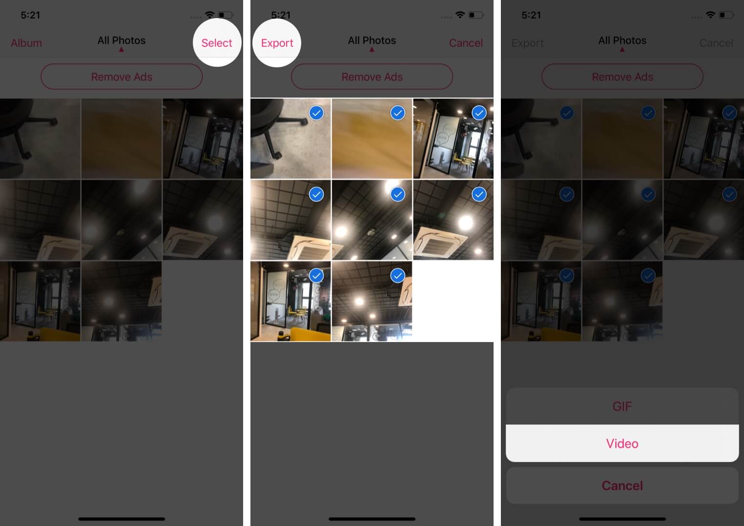 select photos tap on export and choose video to turn live photos into video using third-party app on iphone