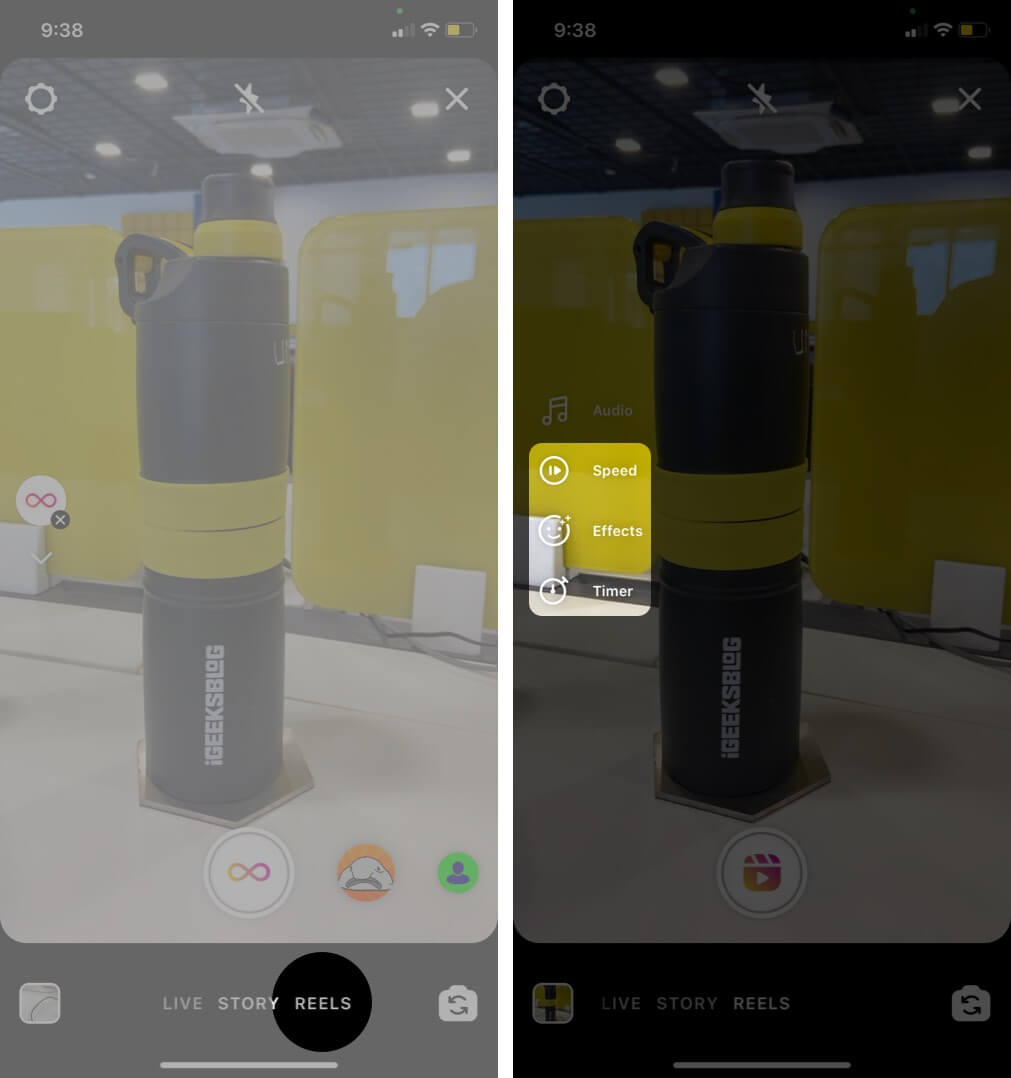 select reels and adjust time effects and speed settings in instagram