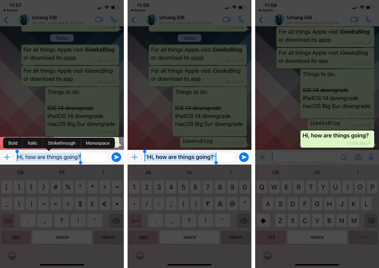 Select text and tap on option to format text in whatsapp message on iphone select text and tap on option to format text in whatsapp message on iphone