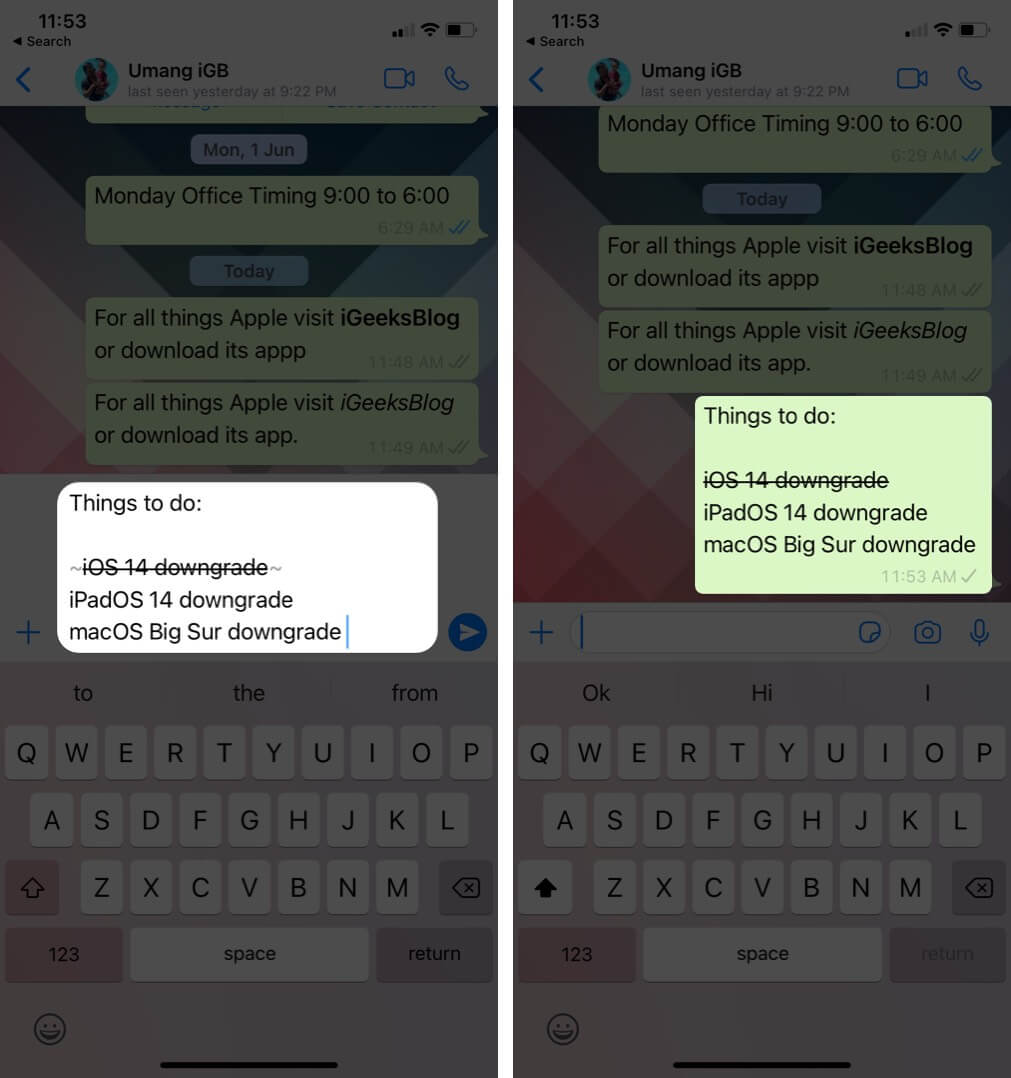 strikethrough word in whatsapp text message on iphone