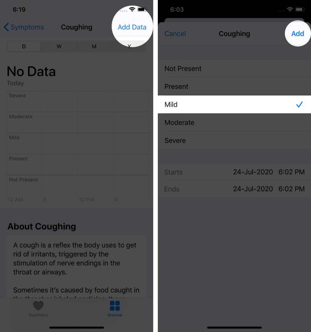 tap on add data select contition and tap on add to track symptoms in health app on iphone