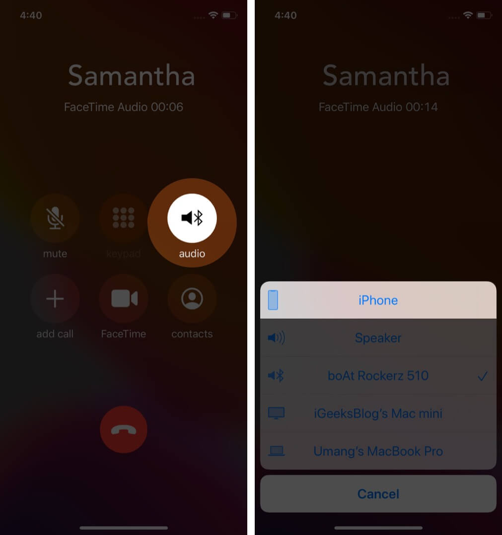 tap on audio and select iphone to switch between iphone and bluetooth speaker during call
