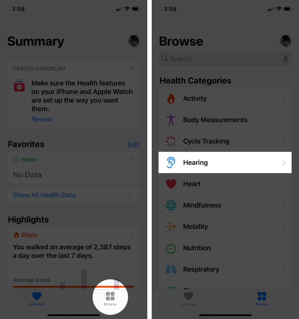 tap on browse and then tap on hearing in health app on iphone