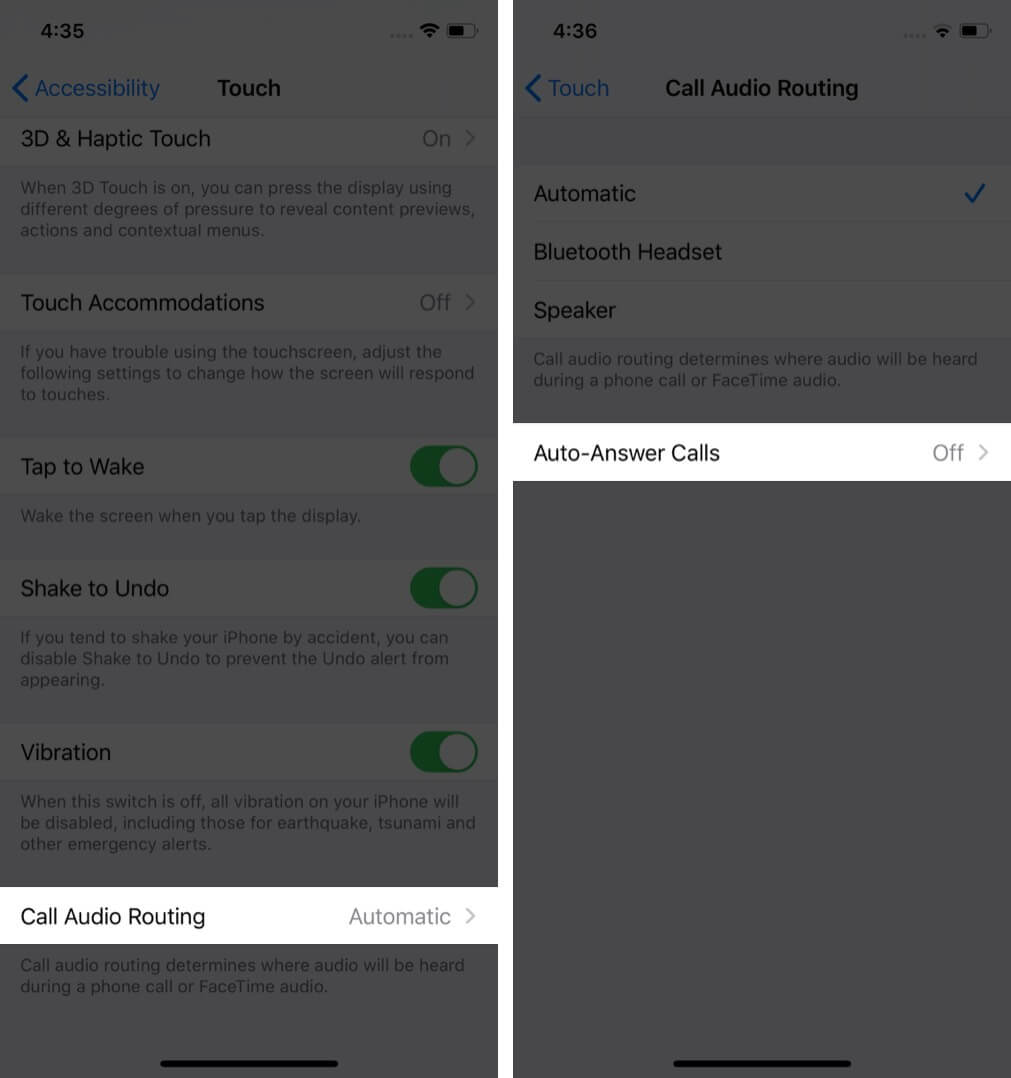 tap on call audio routing and then tap on auto-answer calls on iphone