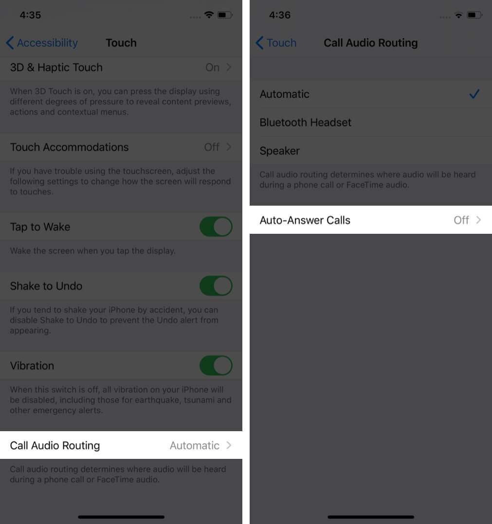 tap on call audio routing and then tap on auto answer calls on iphone