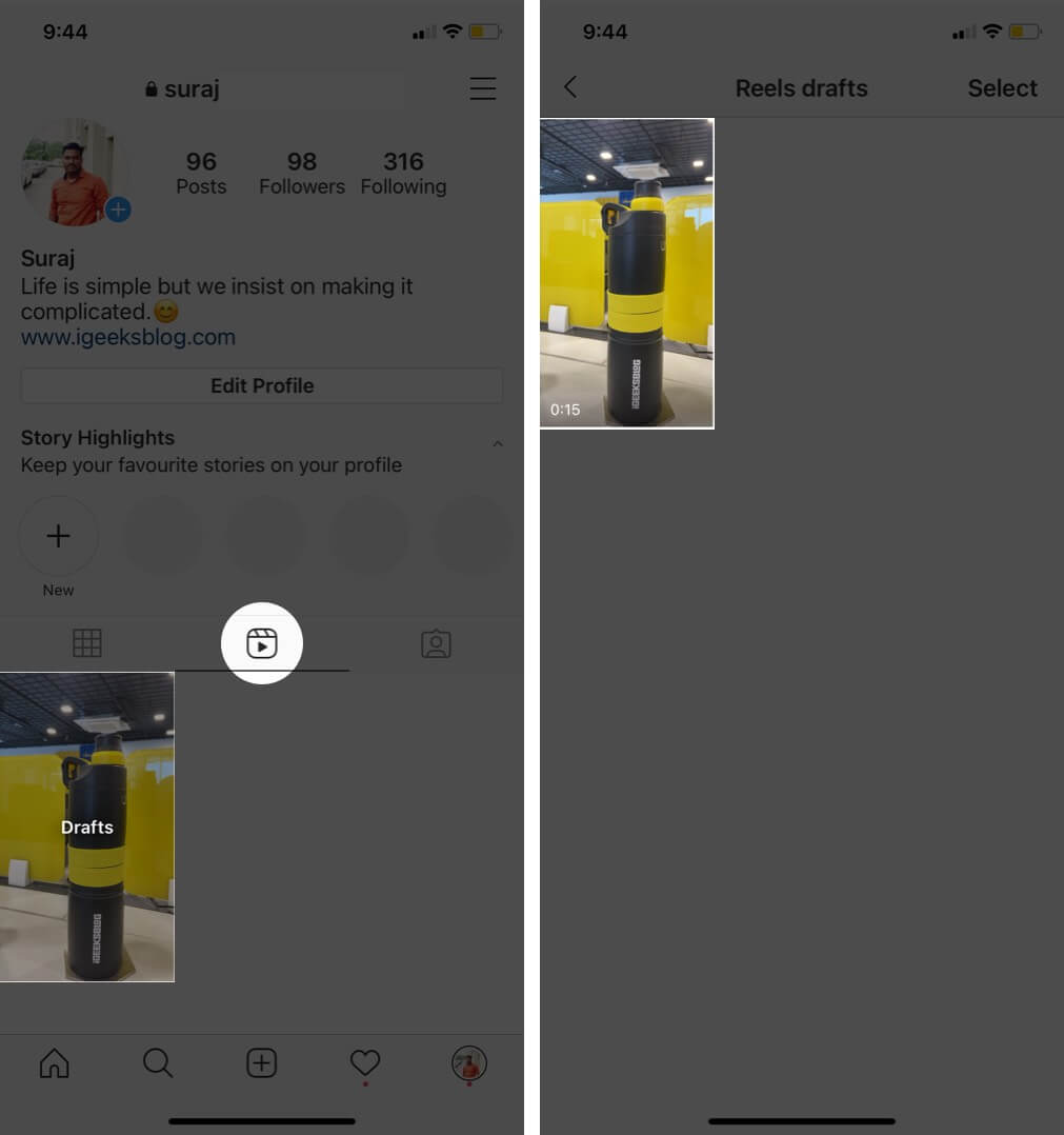 tap on drafts in reels page and tap on video in instagram profile