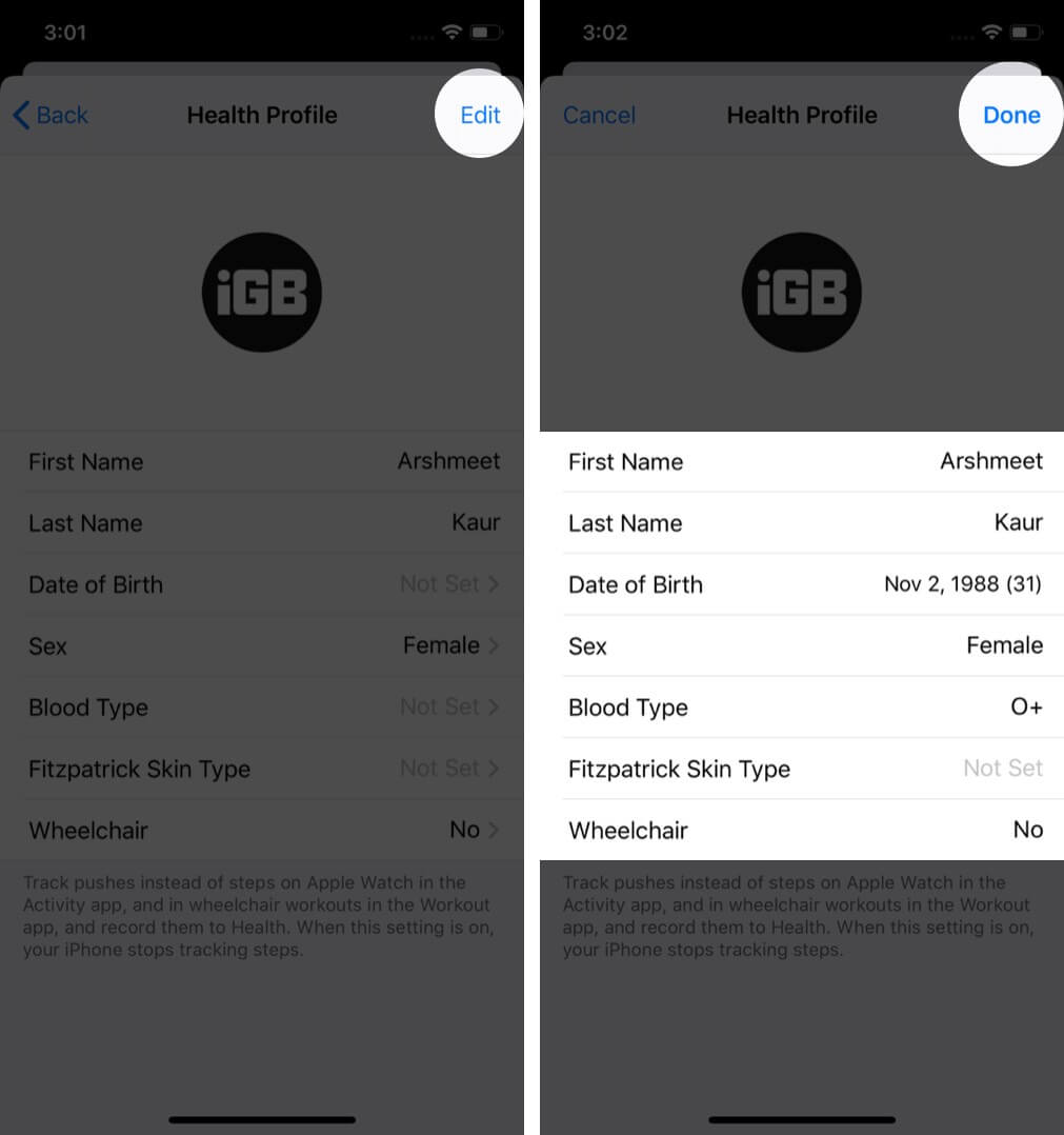 tap on edit enter details and tap on done to set up health app on iphone