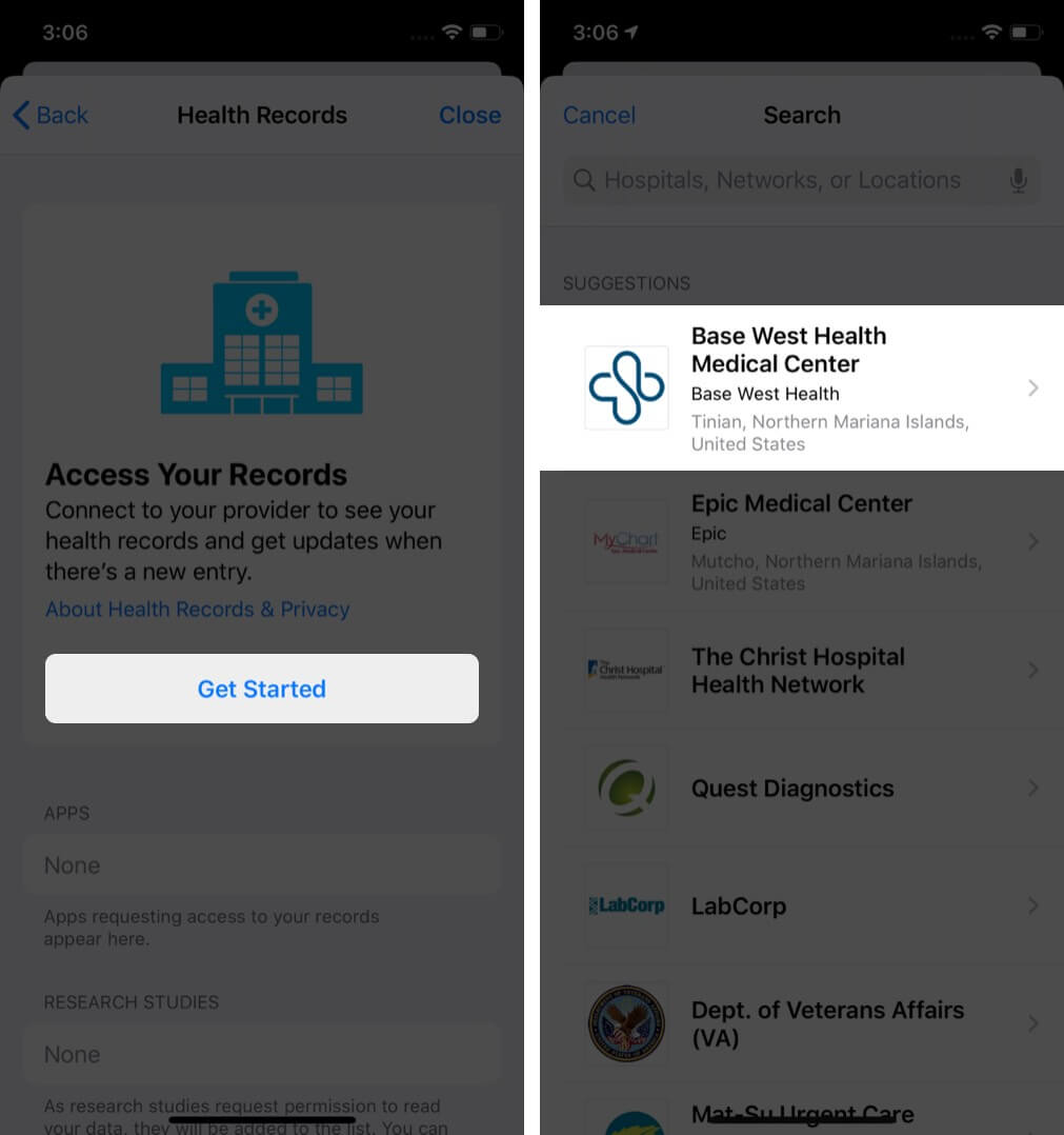 tap on get started and select hospital