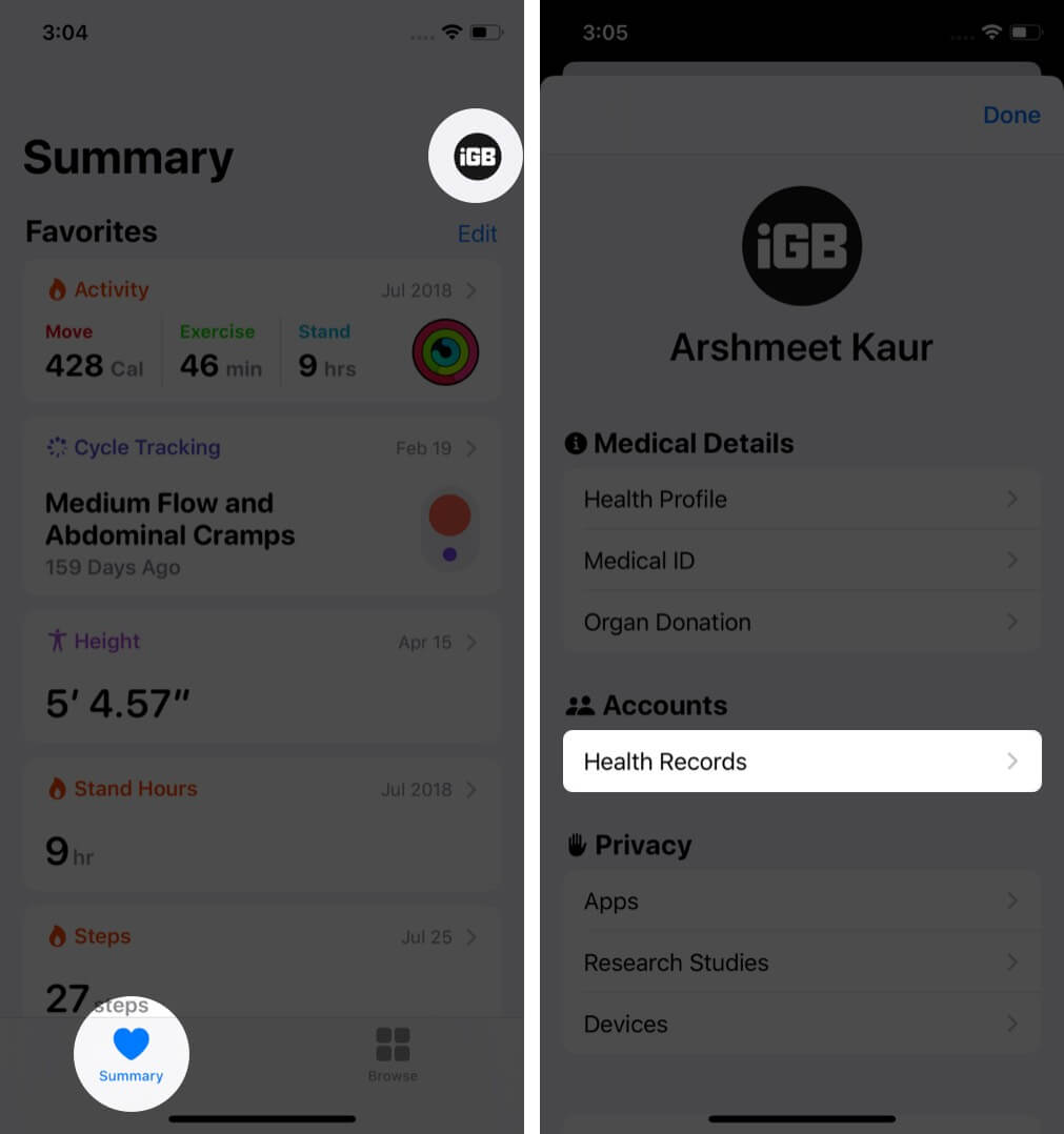 tap on profile in summary tab and tap health records in health app on iphone