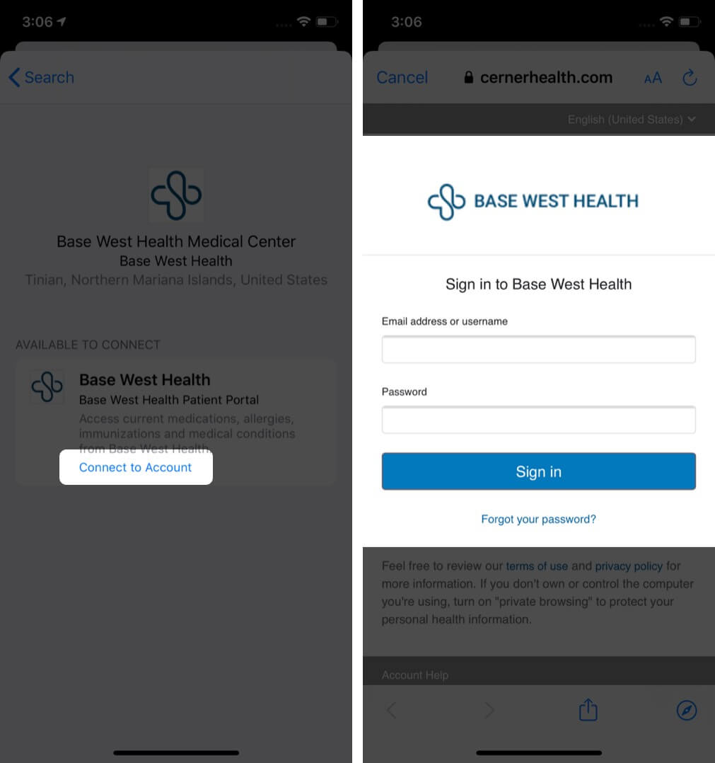tap on sign in to connect and see health records from supported institutions in health app on iphone