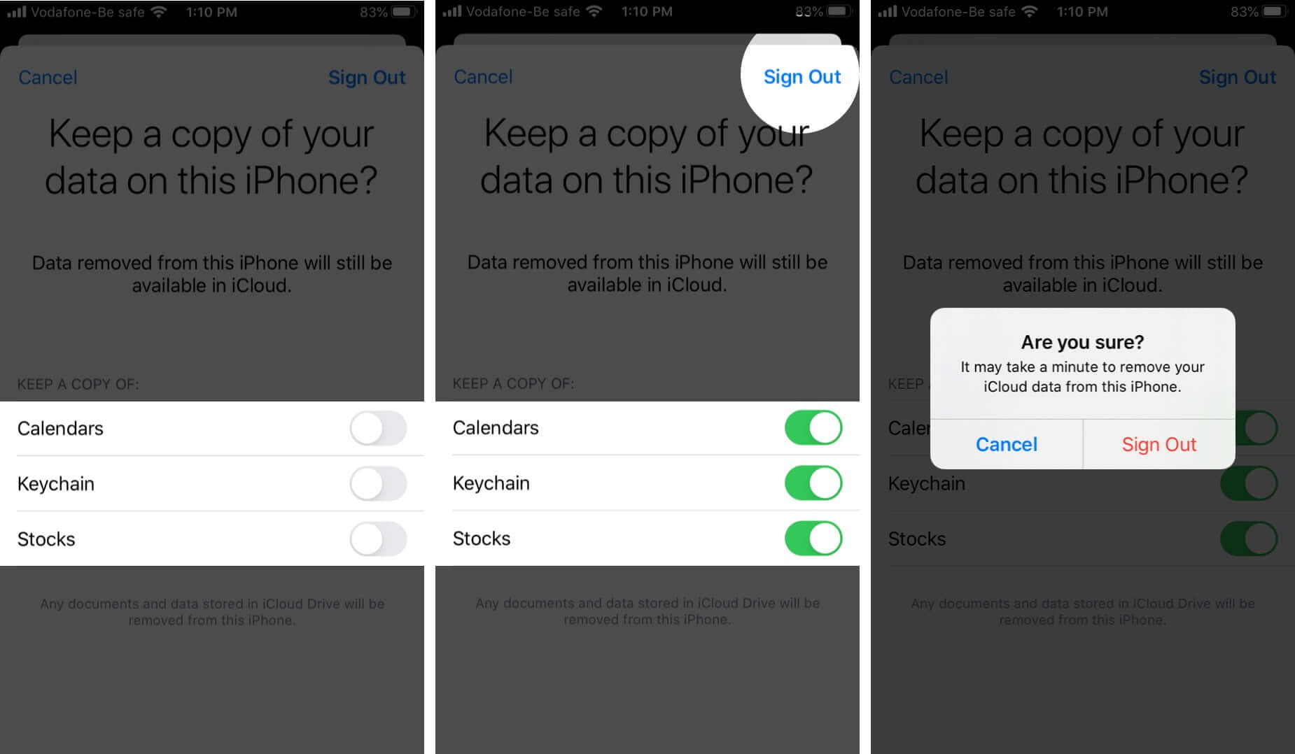 turn on options and tap on sign out to remove icloud account from iphone