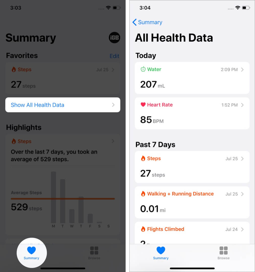 view health data in health app on iphone