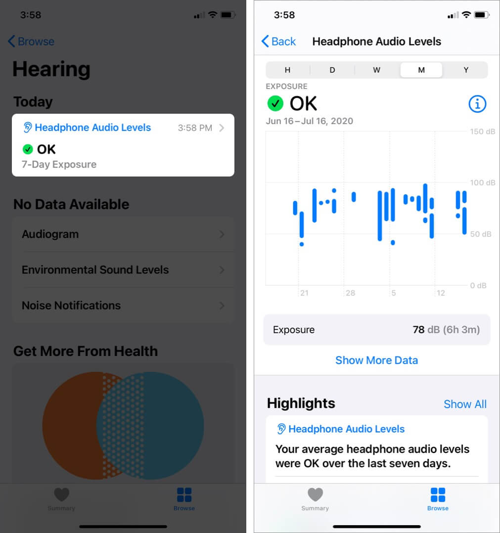 view history of audio levels on iphone